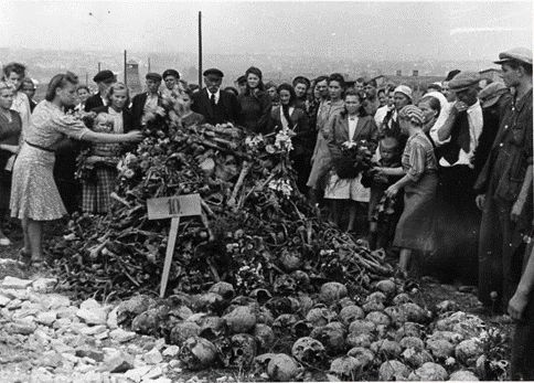 People lay wreaths on the remains of the tortured at the Majdanek extermination camp Ano de 1945. Temin Viktor Antonovich. https://russiainphoto.ru/exhibitions/1042/#5